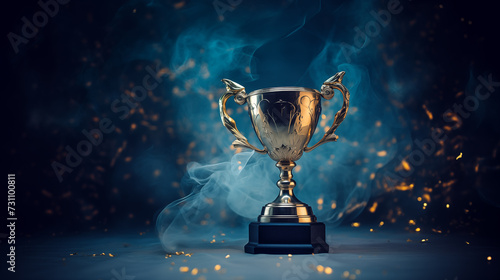 Golden trophy on a blue fabric background with ribbons, position at conner with copy space, blue smoke, dark tone photo