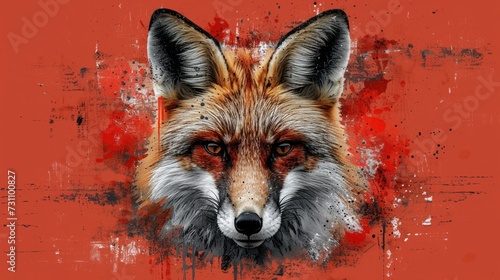 a close up of a red fox's face on a red background with paint splattered on it.
