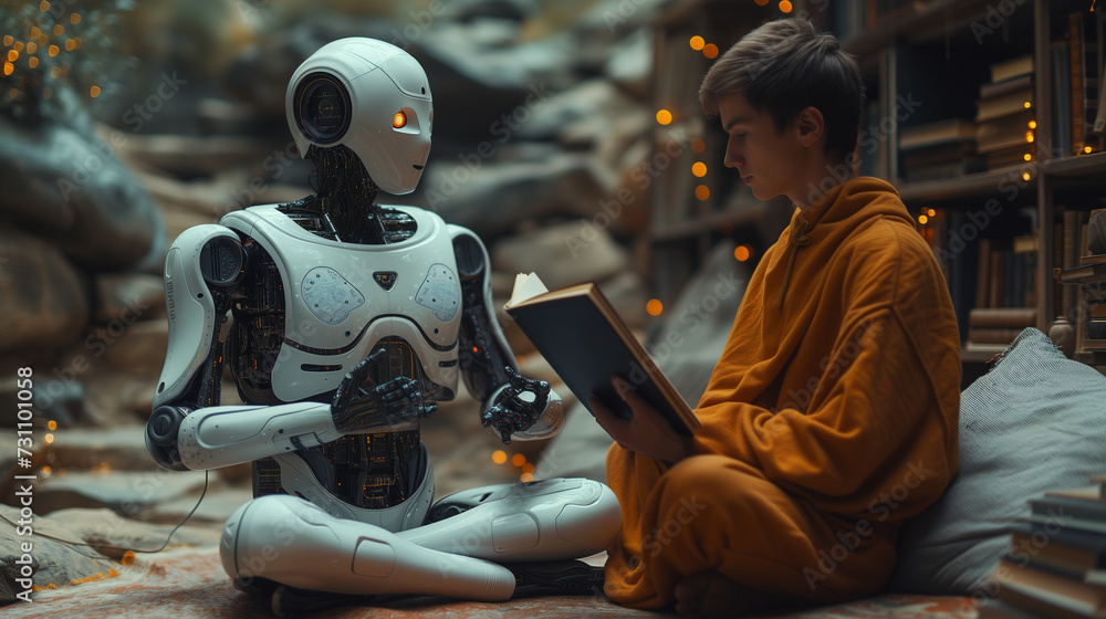 Young monk teach AI robot