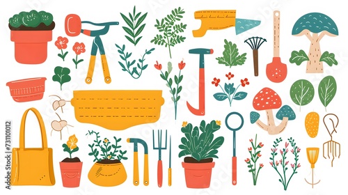 gardening clip art set, tools, plants, and outdoor elements