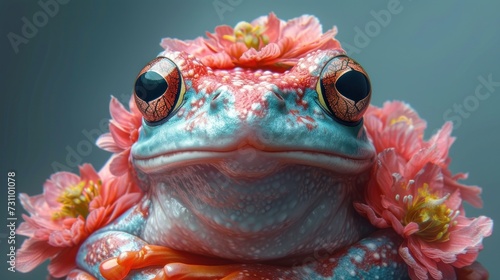 a close up of a frog s face with flowers on it s chest and eyes on it s back.