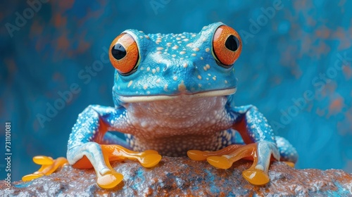 a close up of a frog on a rock with a blue wall behind it and a blue wall behind it. photo