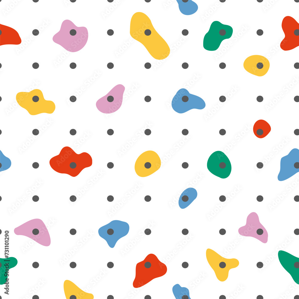 Rock climbing wall seamless pattern. Vector holds for rock climbing on a grey wall in the gym, sport repeat background.
