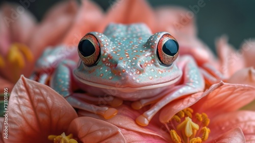 a close up of a frog sitting on top of a pink flower with a blue spot on it s face.