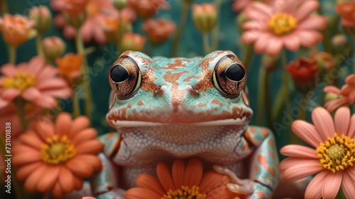 a close up of a frog sitting in a field of flowers with a background of orange and pink daisies.