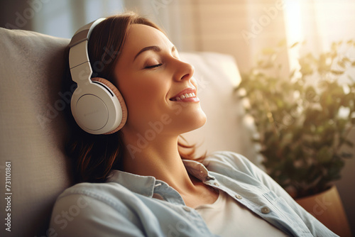Photo picture of a charming cute relaxed woman at home listening to audiobook created with generative AI photo