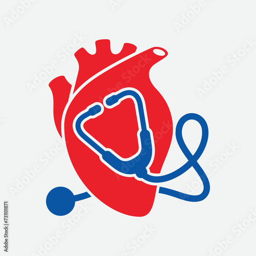 Red human heart and stethoscope vector illustration. Red heart organ with stethoscope icon on gray background. Medical symbol. Cardiology design element. Suitable for greeting card, poster and banner
