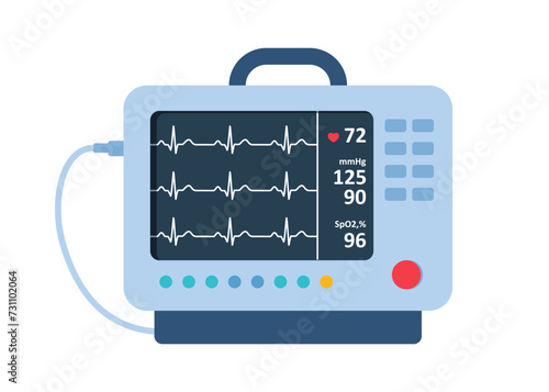 Cardiac monitor. Patient monitoring medical equipment. Monitor for detecting changes in patient wellbeing. Critical Monitoring medical equipment. Vector illustration.