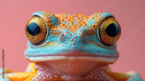a close - up of a blue and yellow frog's face with yellow and blue spots on it's eyes.
