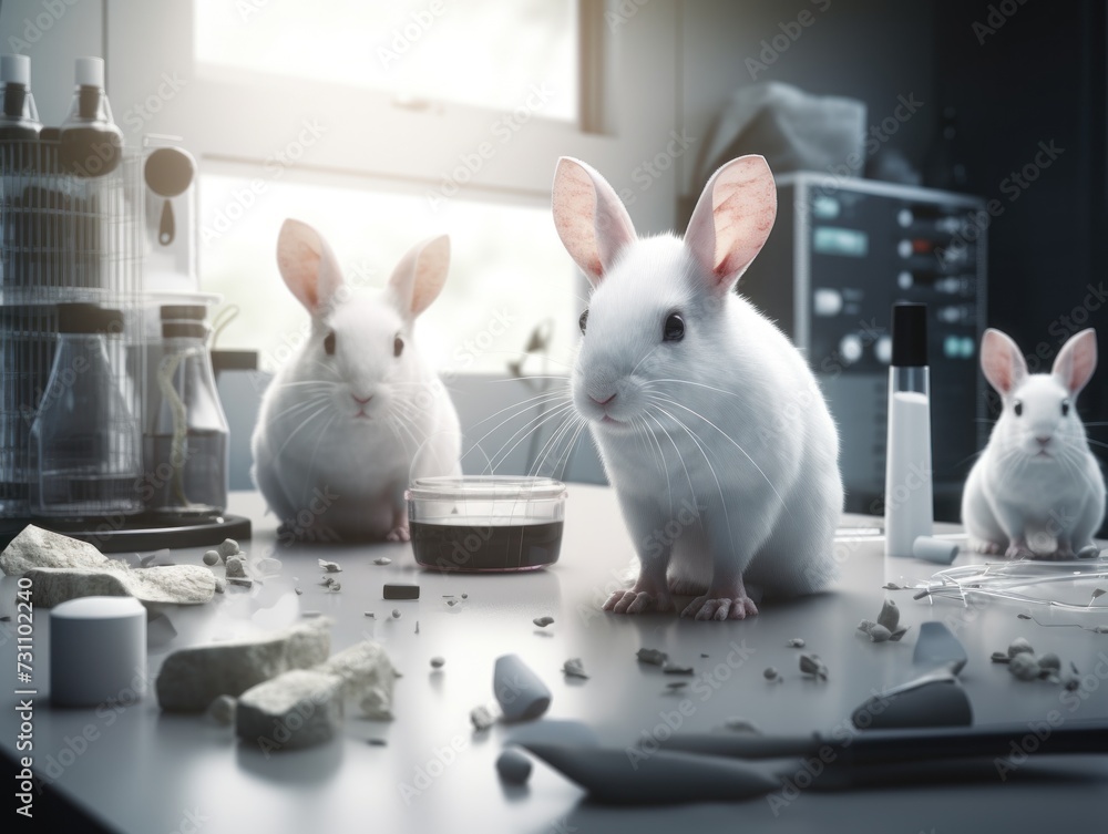 white rabbits is sitting on a table in the laboratory. World Day for Laboratory Animals. Animal rights. - obrazy, fototapety, plakaty 