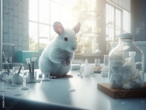 A white mouse is sitting on a table in the laboratory. World Day for Laboratory Animals. Animal rights. photo