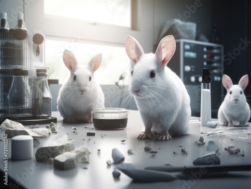 white rabbits is sitting on a table in the laboratory. World Day for Laboratory Animals. Animal rights. photo