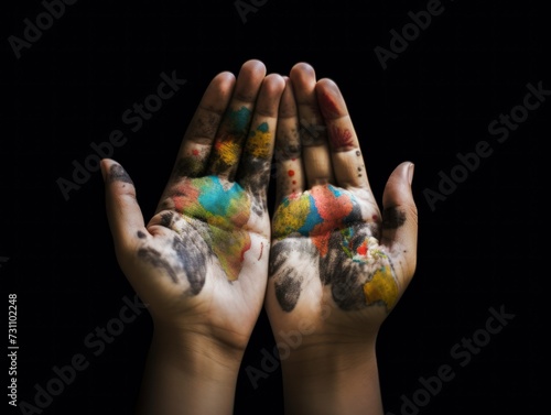 the map of the earth is drawn on the hands  top view  on a black background