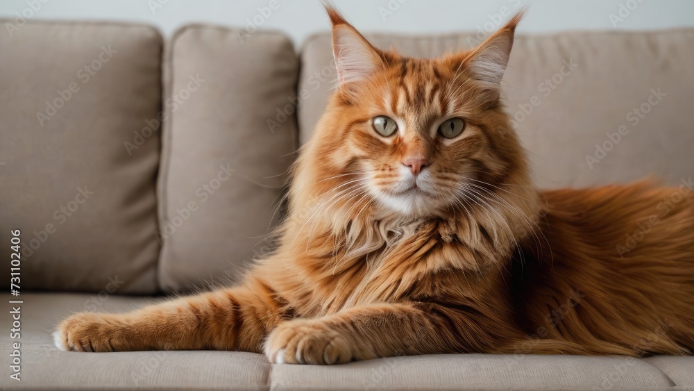 Red maine coon cat lying on sofa at home Red maine coon cat lying on sofa at home