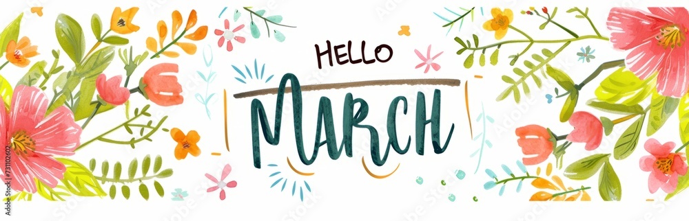 Fototapeta premium HELLO MARCH calligraphic lettering for greeting card Generative AI
