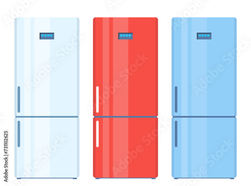 Fridge. Set of closed empty refrigerator. Blue, red, white fridge for food storage. Vector Illustration.