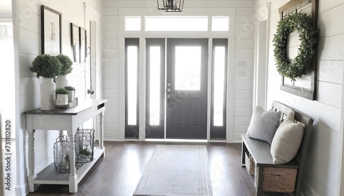 gray and white farmhouse decor in foyer