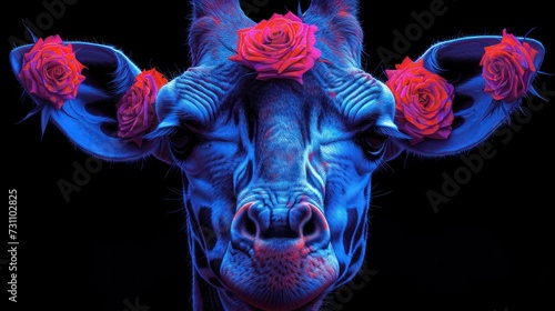 a close up of a giraffe's face with roses on it's head and a black background.