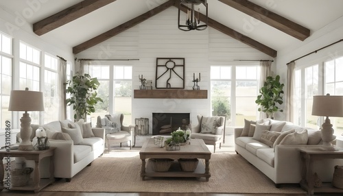 cathedral ceiling living room with neutral decor and fireplace