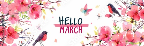 HELLO MARCH wording in handwriting style including flowers and birds in the style of light magenta and black Generative AI © SKIMP Art
