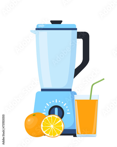 Blender or mixer. Equipment for smoothie making. Orange and glass of fresh juice. Kitchen tool for cooking. Vector illustration.