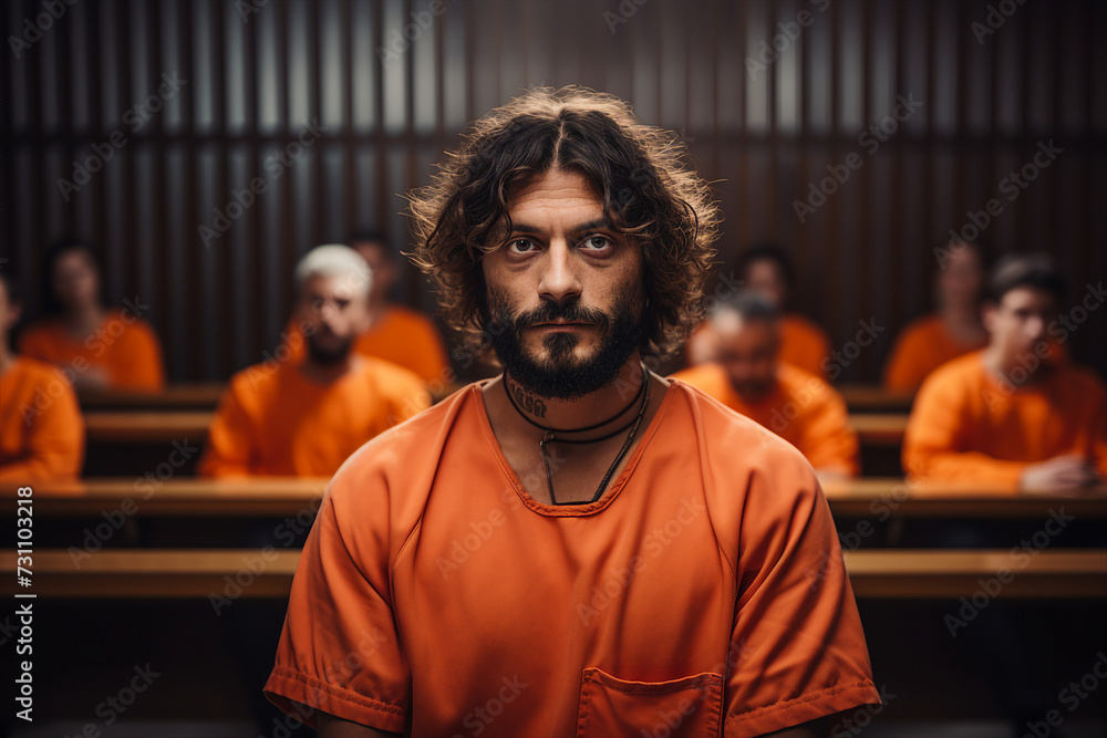 Generative AI picture restricted freedom concept prisoner in jail orange uniform criminal person Generative AI picture restricted freedom concept prisoner in jail orange uniform criminal person