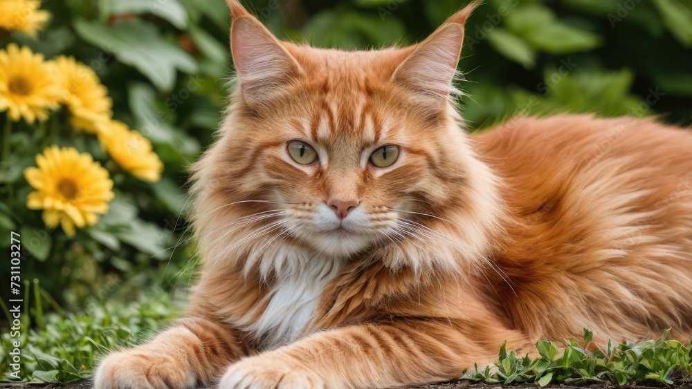 Red maine coon cat lying outside in the garden Red maine coon cat lying outside in the garden