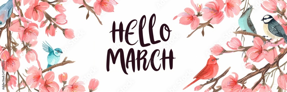 HELLO MARCH handwritten calligraphy pink flowers and birds Generative AI