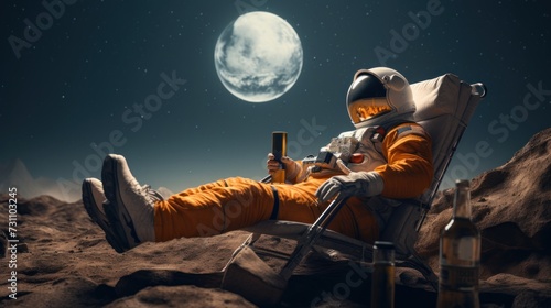The astronaut was sitting relaxed, leaning back in a chair, drinking beer.