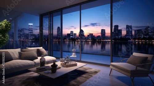 Modern apartment living room interior with city view © artbot