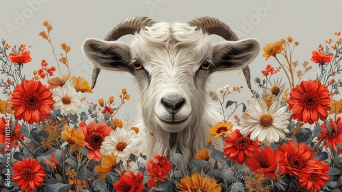 a painting of a goat in a field of flowers with orange and white flowers in the foreground and a gray sky in the background. photo