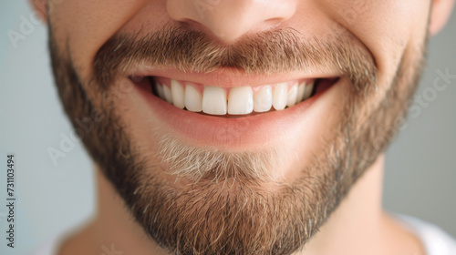 Close-up of a man's smile, showing white teeth, a well-groomed reddish-brown beard, and a hint of his nose.