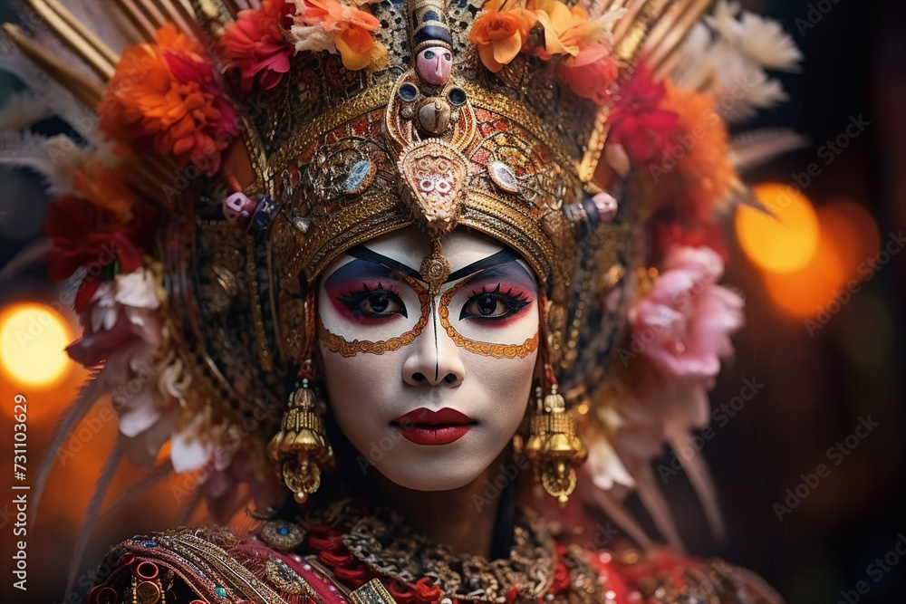 Generative AI picture of person adorned with facial tattoos in traditional mask celebrate indian festive event Generative AI picture of person adorned with facial tattoos in traditional mask celebrate indian festive event