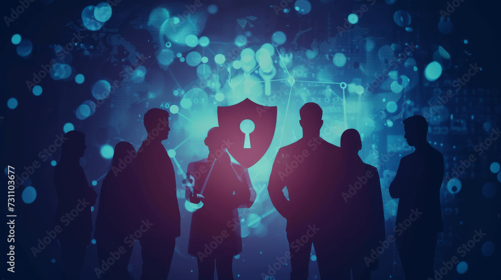 Silhouettes of professionals at a cybersecurity event, with a digital lock shield symbolizing data protection. cyber security technology concept background. 