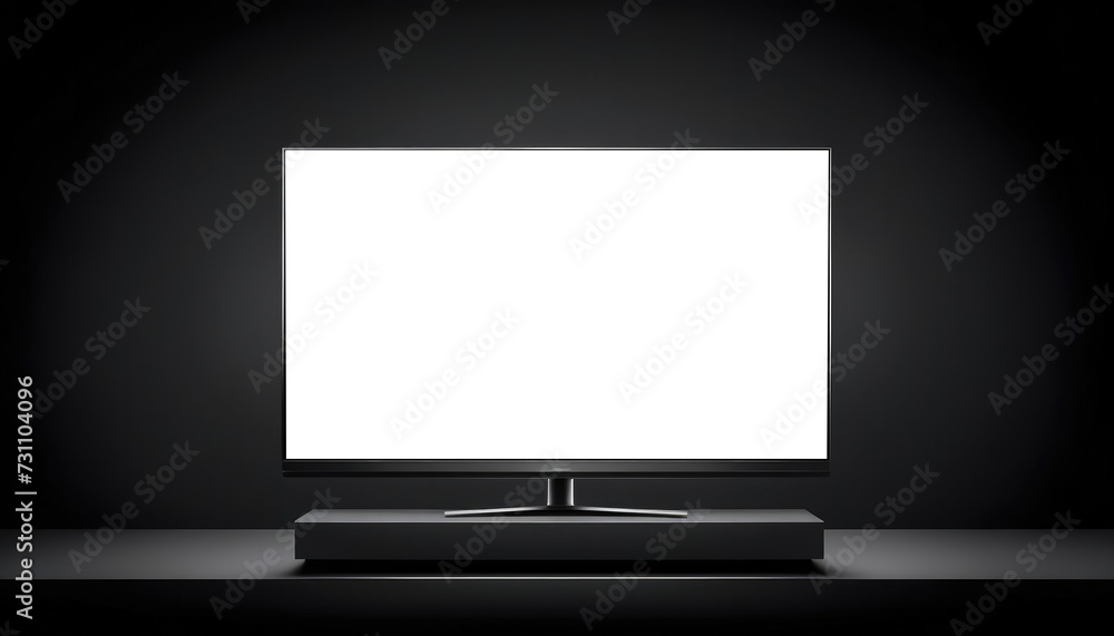 Wide television screen isolated on black background. White display ready for mockup advertisement.