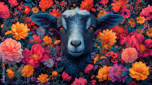 a painting of a goat in a field of flowers with red, orange, and yellow flowers in the background.