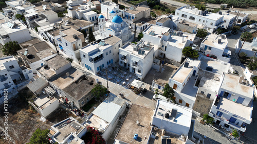 Aerial drone photo of small picturesque main town in island of Schoinousa, small Cyclades, Greece