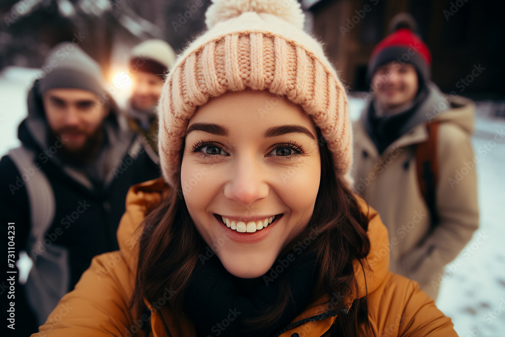 People children family friends couple spending time outdoors winter holidays frosty day Generative AI People children family friends couple spending time outdoors winter holidays frosty day Generative AI