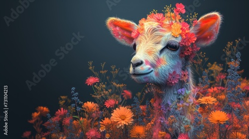 a painting of a cow in a field of flowers and daisies with a blue background and a black background. © Nadia