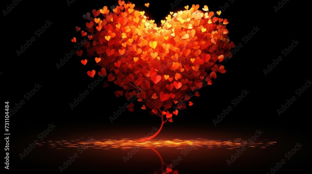 a heart shaped tree with lots of red hearts on it's branches and a reflection in the water on a black background. a heart shaped tree with lots of red hearts on it's branches and a reflection in the water on a black background.