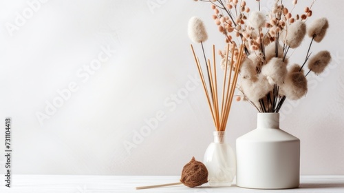 Aromatherapy spa composition stick and candles reed diffuser on white background photo