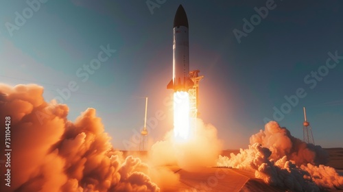 Launch Pad Complex: Successful Rocket Launching up with Crew. Space Exploration Mission. Flying Spaceship Blasts Flames and Smoke on a Take-Off. Humanity in Space, Conquering Universe. Spacecraft lift