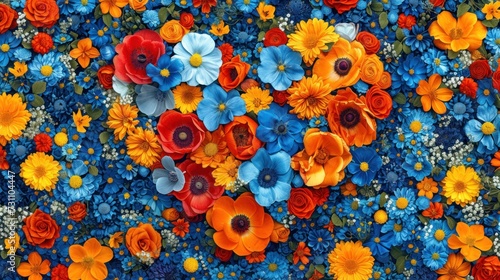 a close up of a bunch of flowers on a surface of blue and orange flowers on a surface of blue and orange flowers on a surface of blue and orange flowers. © Nadia