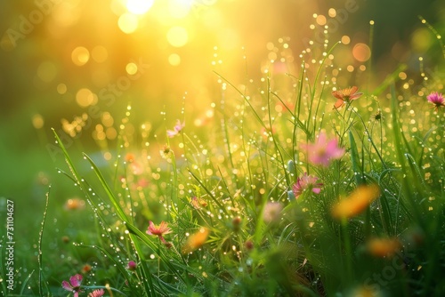 A spring Dewy Meadow at sunrise  dew on fresh green grass  vibrant wildflowers  embodying renewal and growth