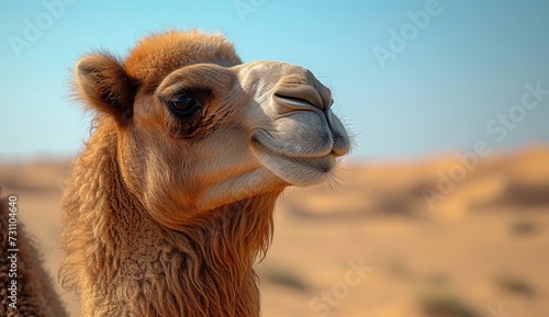 A majestic arabian camel stands tall in the arid desert, a symbol of resilience and survival in the harsh and unforgiving terrain © familymedia
