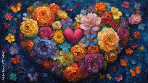 a painting of a heart shaped arrangement of flowers and butterflies on a blue background with a butterfly in the middle of the painting.