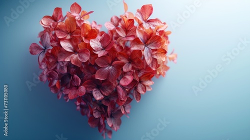 a heart - shaped arrangement of red and pink flowers on a blue background with space for a text or image.