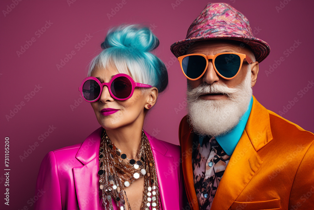 Elderly happy couple enjoying life together styling clothes family portrait Generative AI technology picture image Elderly happy couple enjoying life together styling clothes family portrait Generative AI technology picture image