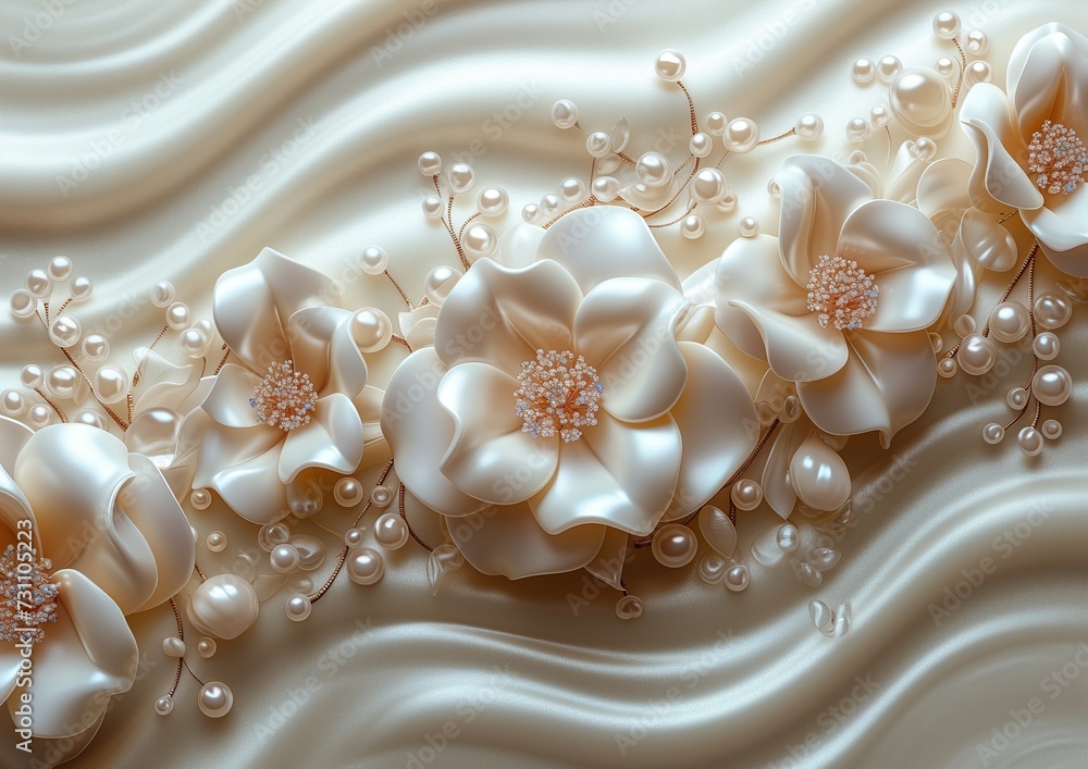 abstract flower white background with ornament and pearls abstract flower white background with ornament and pearls
