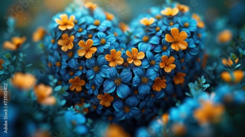 a bunch of blue and orange flowers in the shape of a heart with yellow and orange flowers in the center.